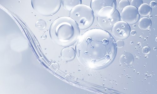 Cosmetic Essence, Liquid bubble, Molecule inside Liquid Bubble on water background, 3d rendering