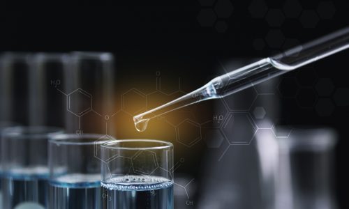Glass laboratory chemical test tubes with liquid for analytical , medical, pharmaceutical and scientific research concept.