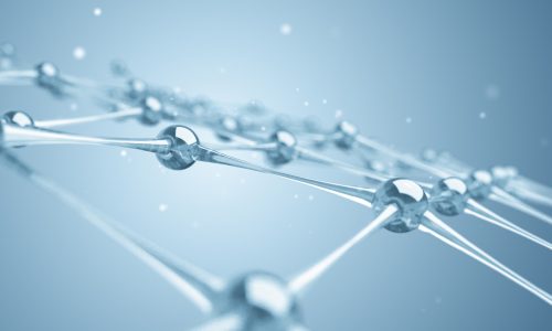 A network of molecules and atoms of glass and crystals constitute a single system. 3D illustration